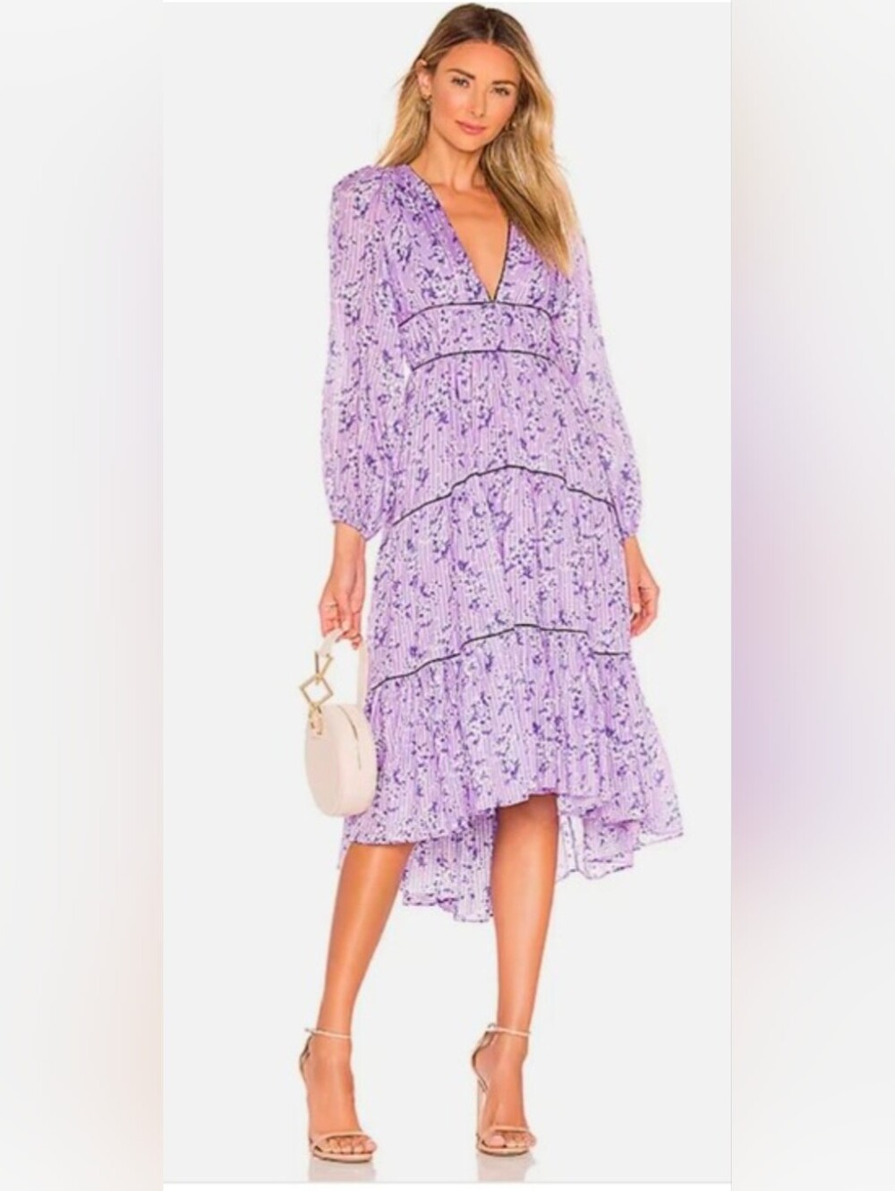 ULLA JOHNSON Lavender Floral "Joan" Tiered Midi Dress  Size 8